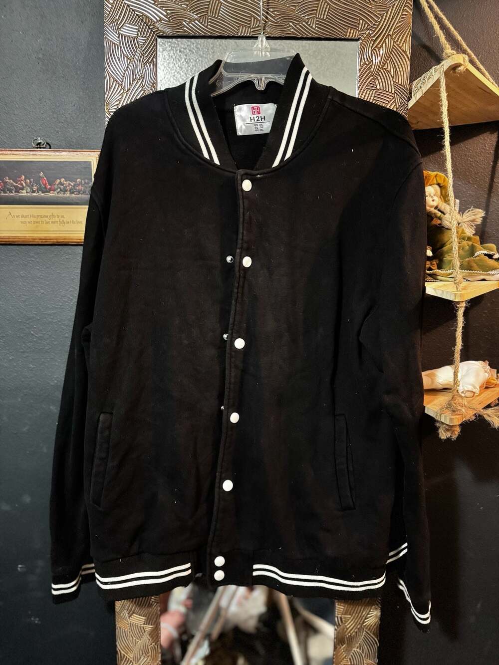 H2H Men's Black Varsity Bomber Jacket with White Striped Trim